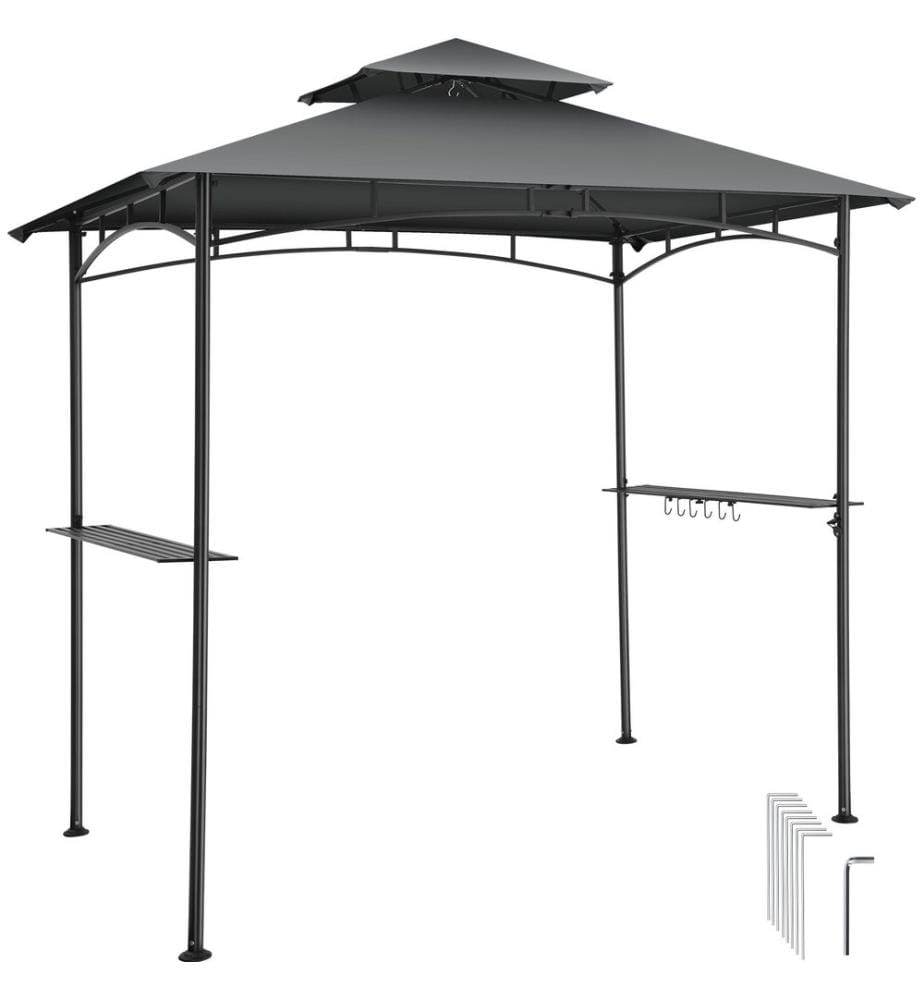Pavillon barbecue Maracaibo, résistant aux intempéries, auvent pare-vent, 2 tablettes - gris anthracite