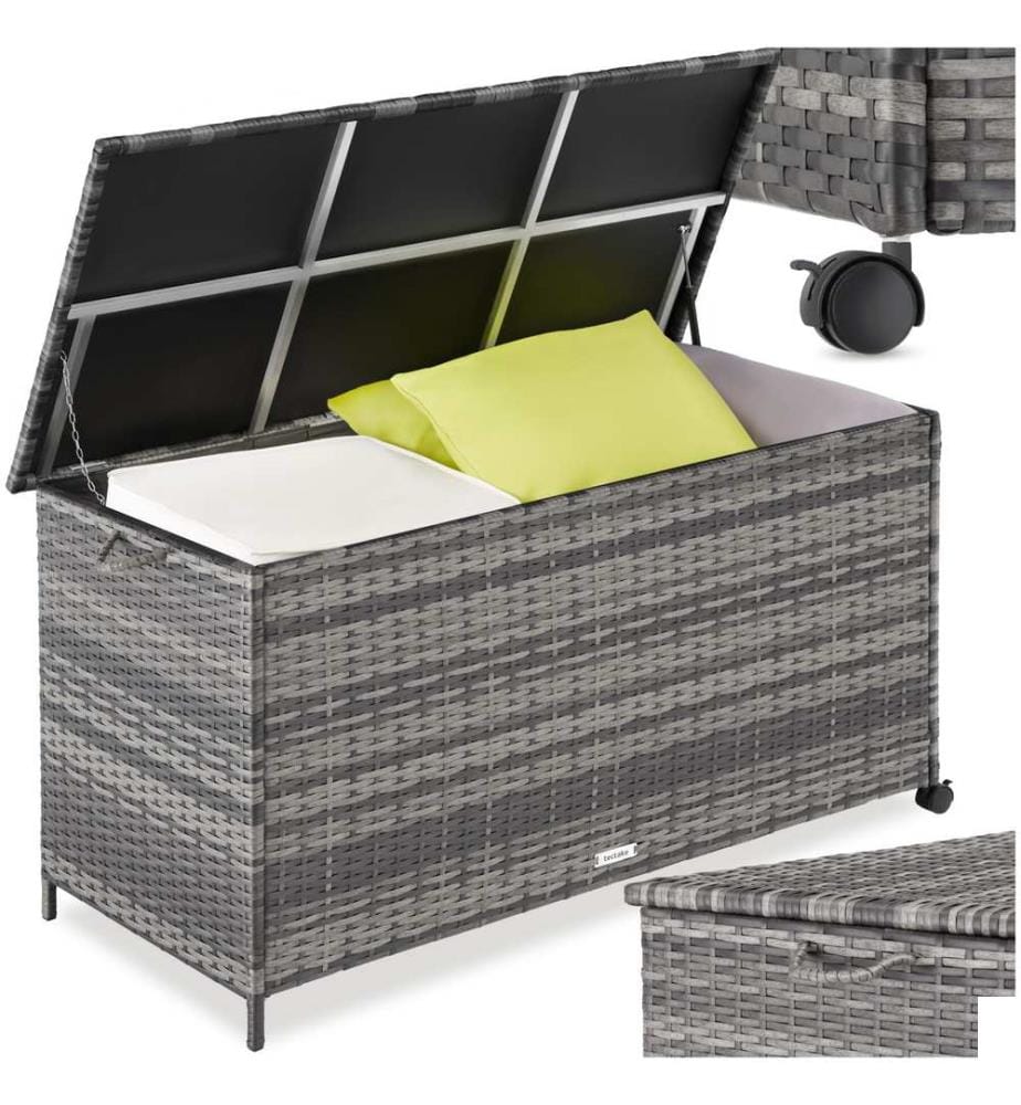 Boîte de rangement Kuusamo, en rotin, avec structure en aluminium et roulettes - gris