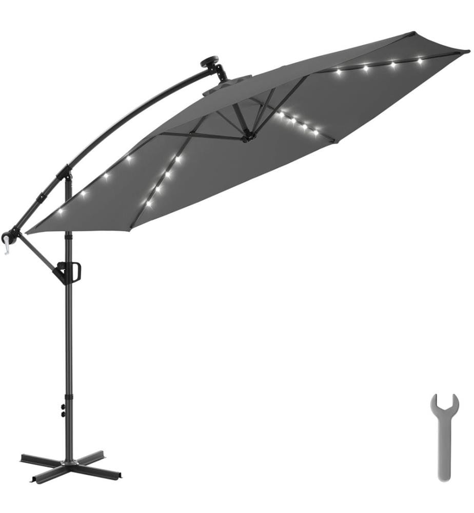 Parasol à pied déporté Artemis, pivotant à 360°, LED solaire, 3,5 x 3,5 m - gris