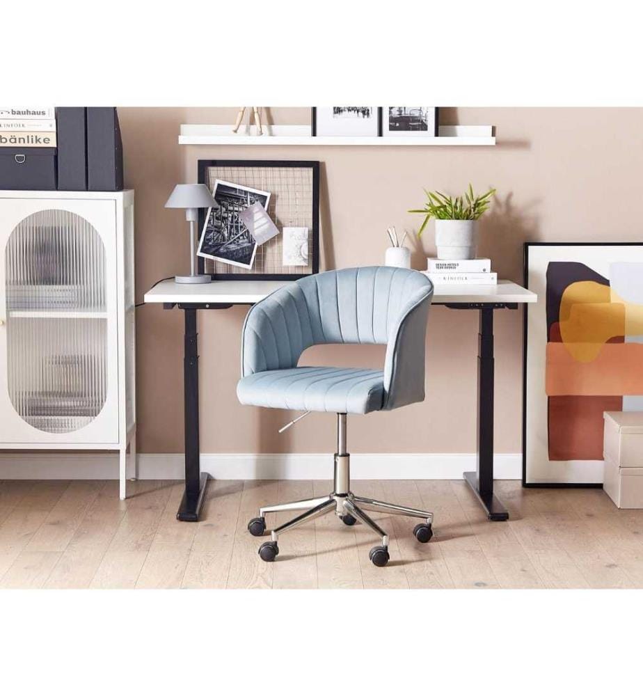 Chaise de Bureau Pivotante Bleu Clair en Velours à Hauteur Réglable Dossier Coutures Matelassé et Pivotage Complet