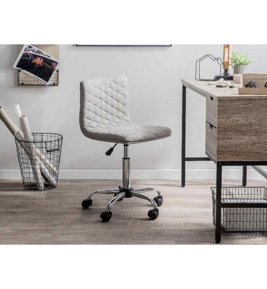 Chaise à Roulettes en Tissu Beige avec Pied en Métal Argenté Réglable en Hauteur Assise Confortable pour Coin Bureau au Design Moderne
