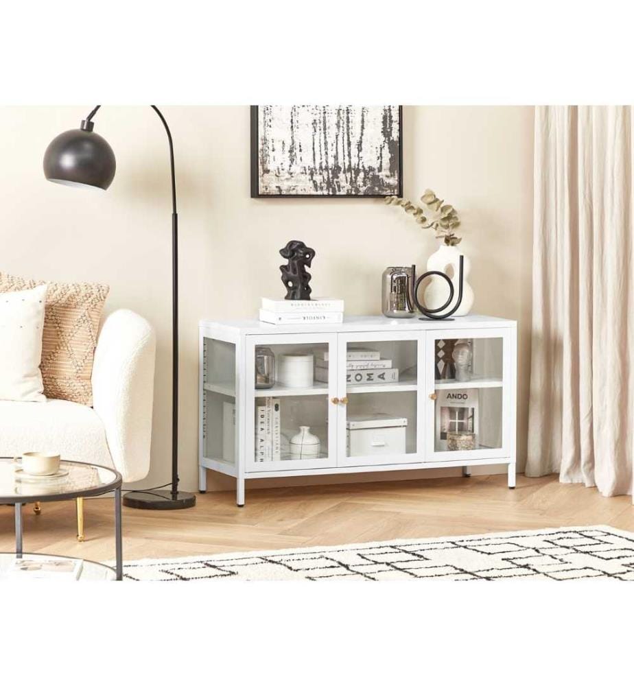 Buffet avec vitrine en verre NEWPORT Métal 115 cm Blanc