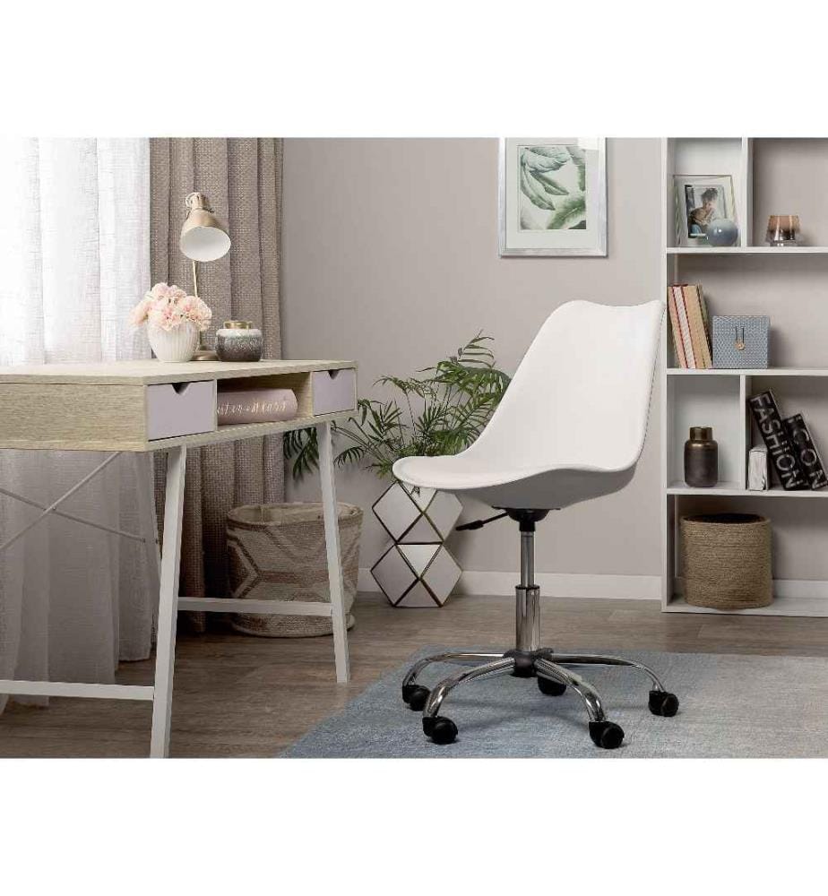 Chaise à Roulettes en Plastique Blanc sur Pied Chromé Hauteur Réglable et Confort Optimal pour Coin Bureau au Style Scandinave Tendance