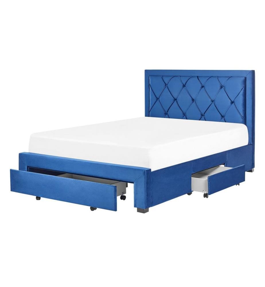 Lit avec tiroirs de rangement Velours LIEVIN 140 x 200 cm Bleu marine