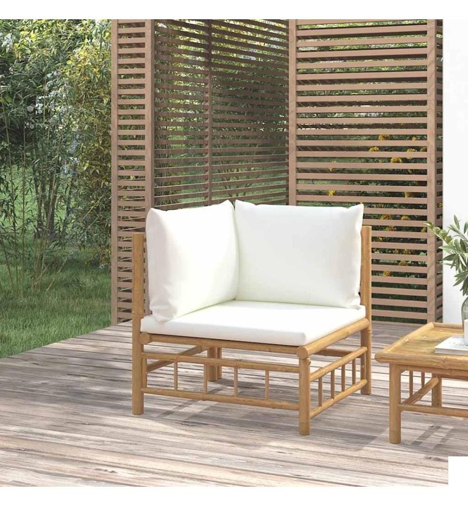 Canapé d'angle de jardin avec coussins blanc crème bambou
