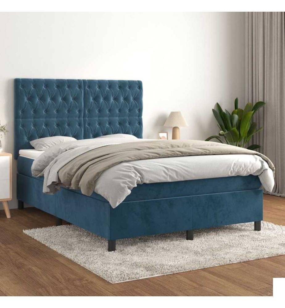 Lit à sommier tapissier et matelas Bleu foncé 140x190cm Velours