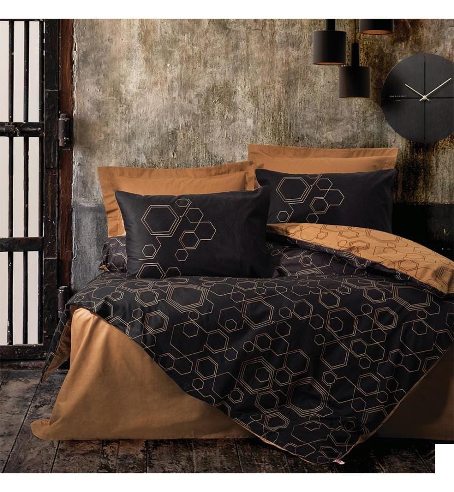 Parure de lit Ranforce King, coloris cuivre et noir, 100 % coton Ranforce