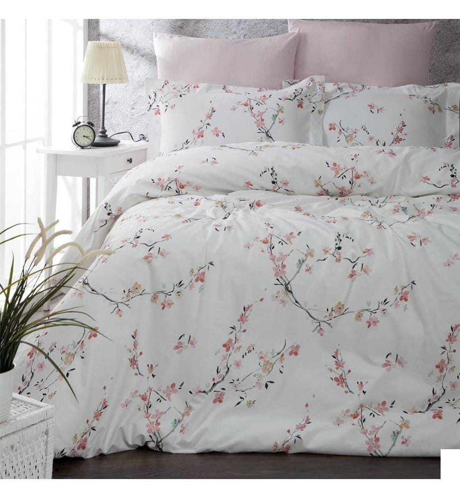 Parure de lit Ranforce King, blanche et saumon, 100 % coton Ranforce