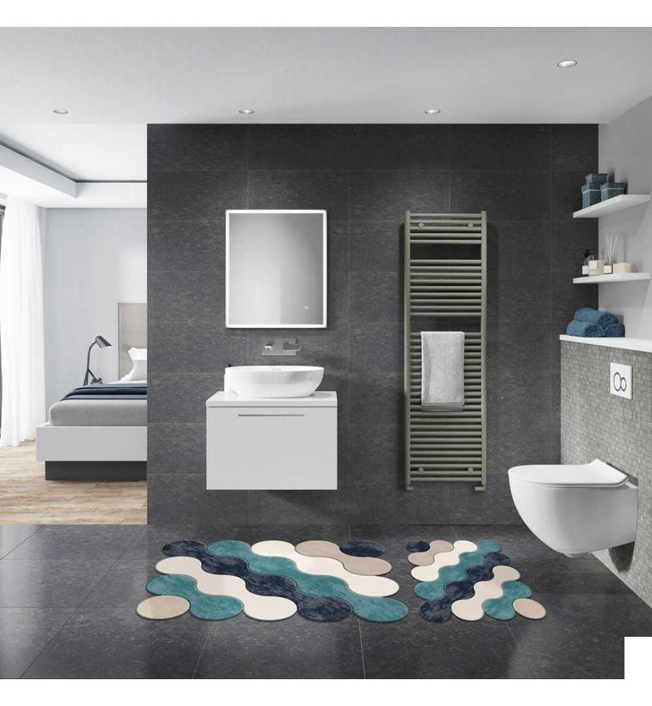 Ensemble de tapis de bain, 2 pièces, bleu, polyester, 1300 g/m²