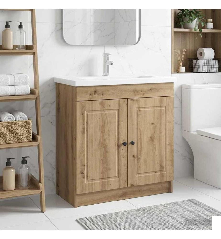Armoire sous évier de salle de bain Chêne artisanal