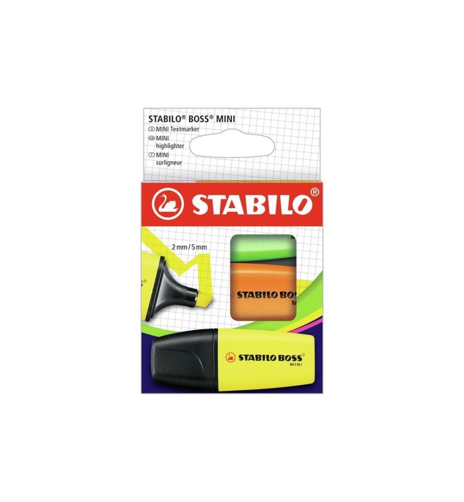 STABILO - Surligneur Boss Mini 3 pièces, Jaune/Vert/Orange, étui en carton