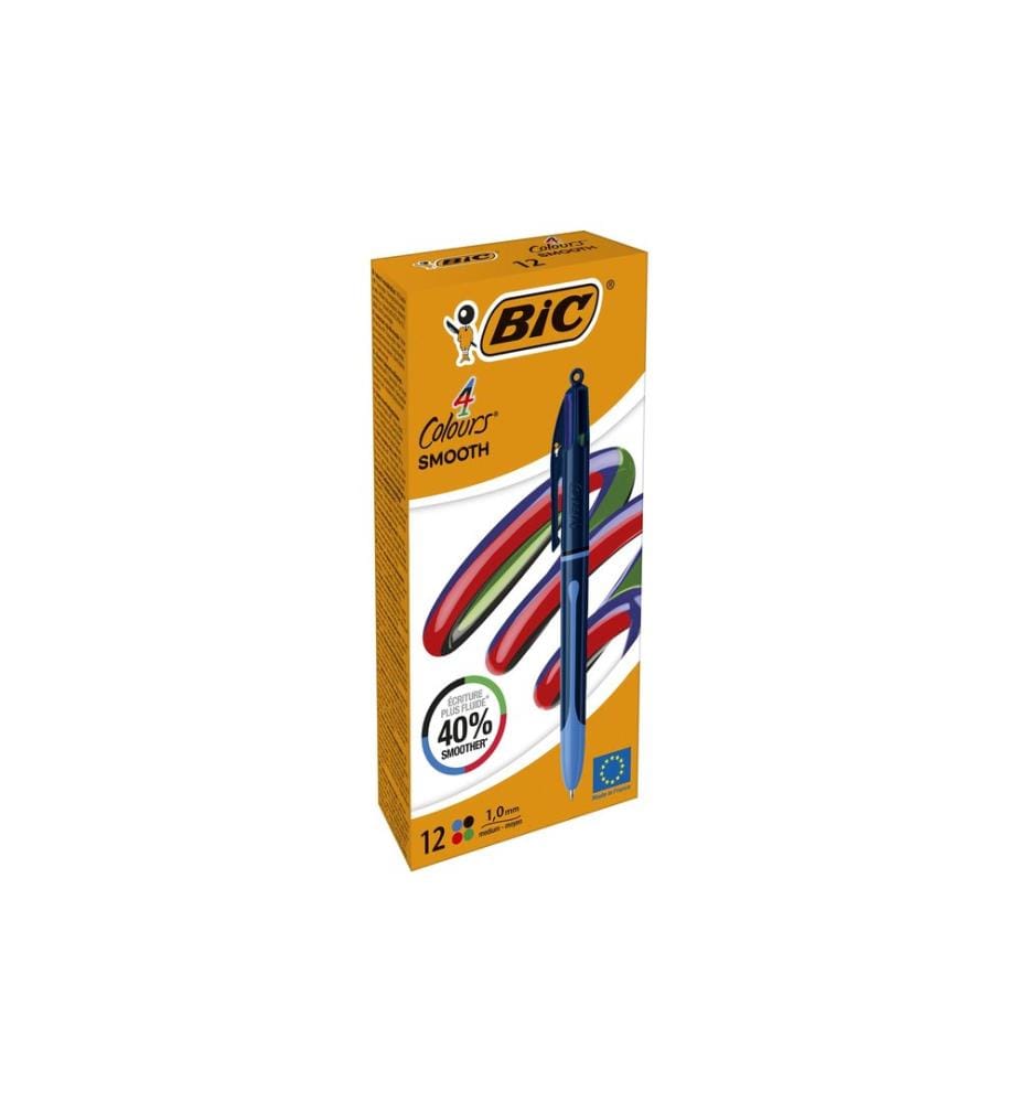 BIC Stylo bille 4 Couleurs Smooth Box, 12 pcs, 1.0 mm, Bleu