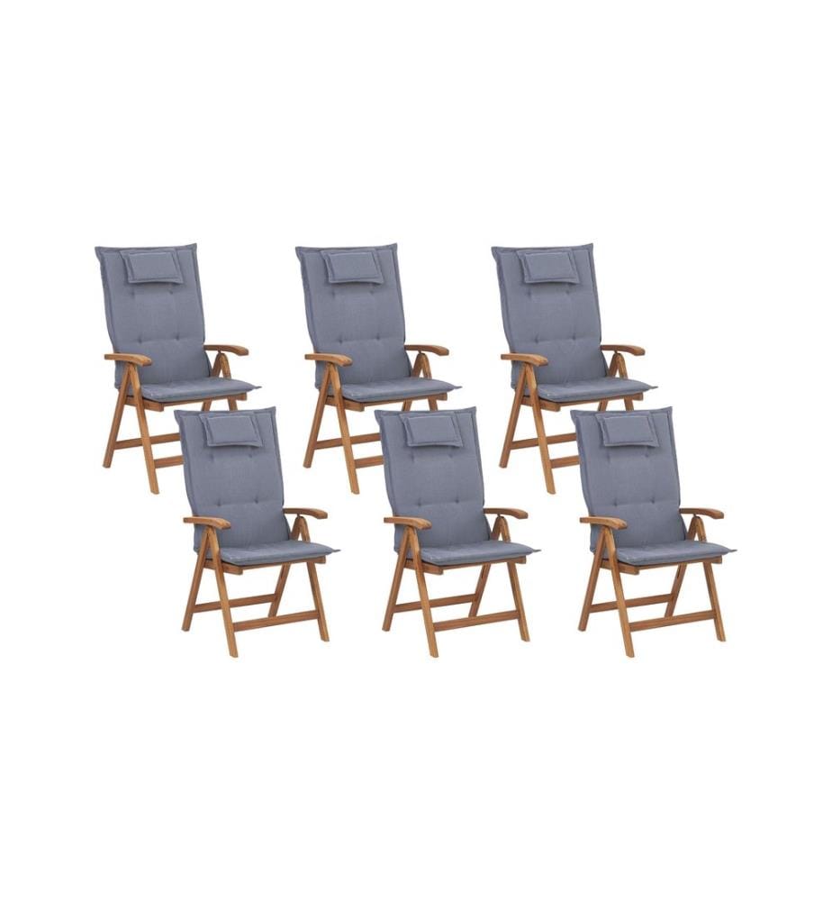 Lot de 6 chaises de jardin avec coussins JAVA Acacia Bleu