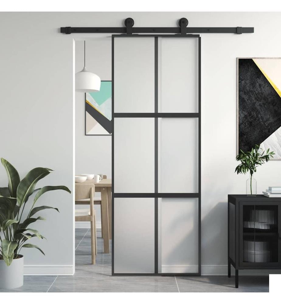Porte coulissante noir 76x205 cm verre trempé aluminium