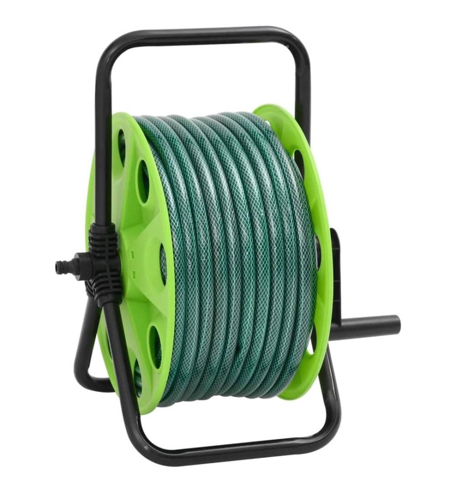 Enrouleur de tuyau vert sur pied avec tuyau de 50 m PVC