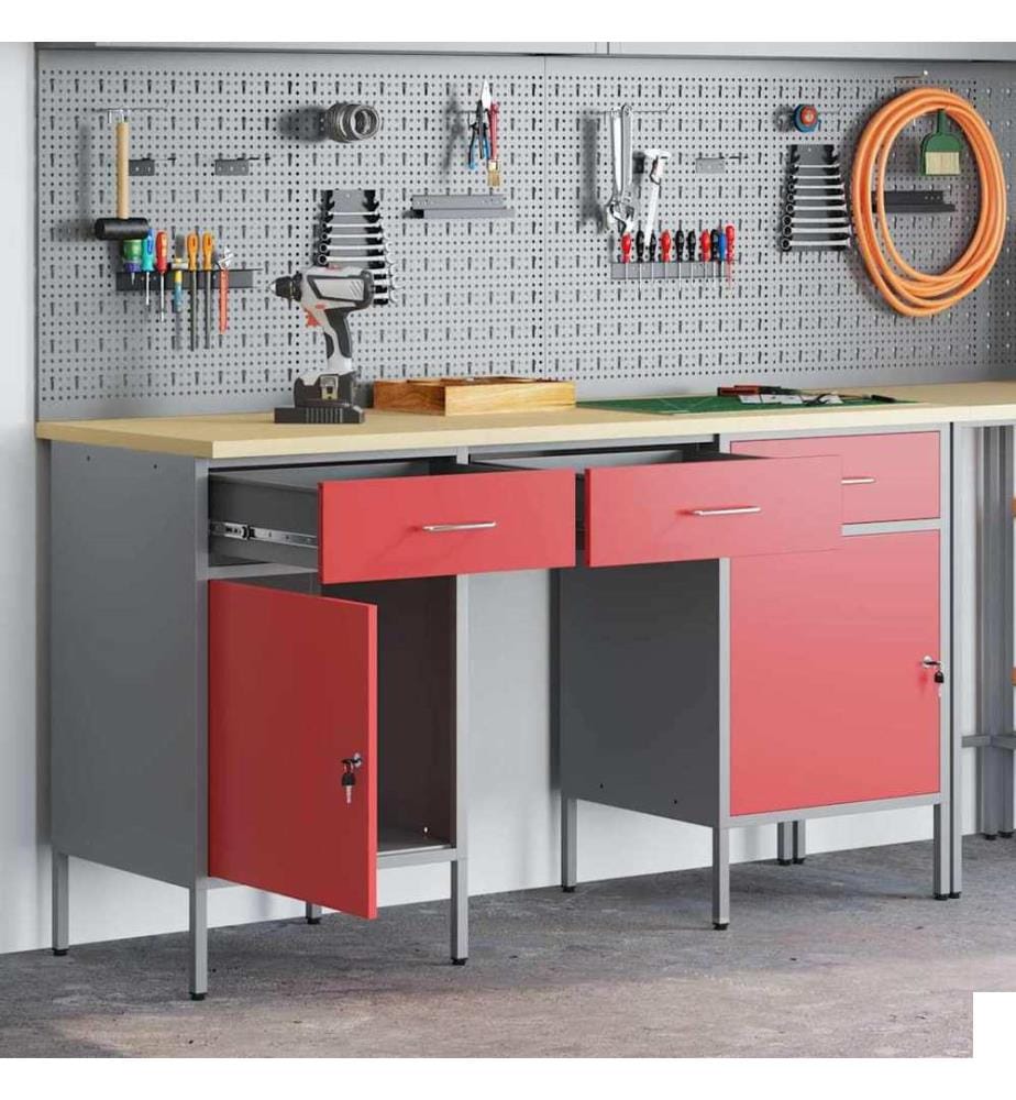 Placard de travail 3 pcs Rouge Bois d'ingénierie et acier