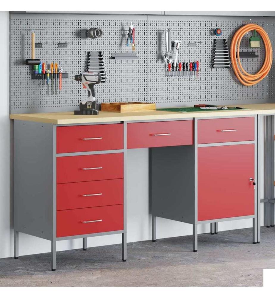 Placard de travail 3 pcs Rouge Bois d'ingénierie et acier