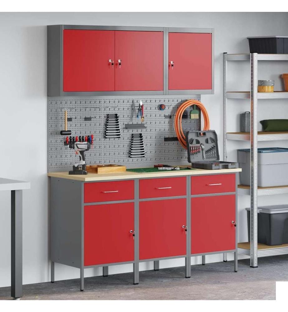 Placard de travail 8 pcs Rouge Bois d'ingénierie et acier