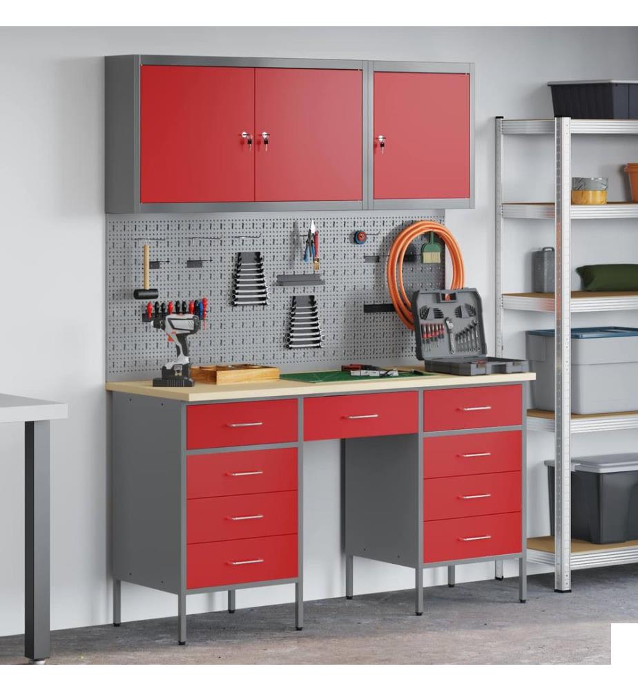 Placard de travail 8 pcs Rouge Bois d'ingénierie et acier