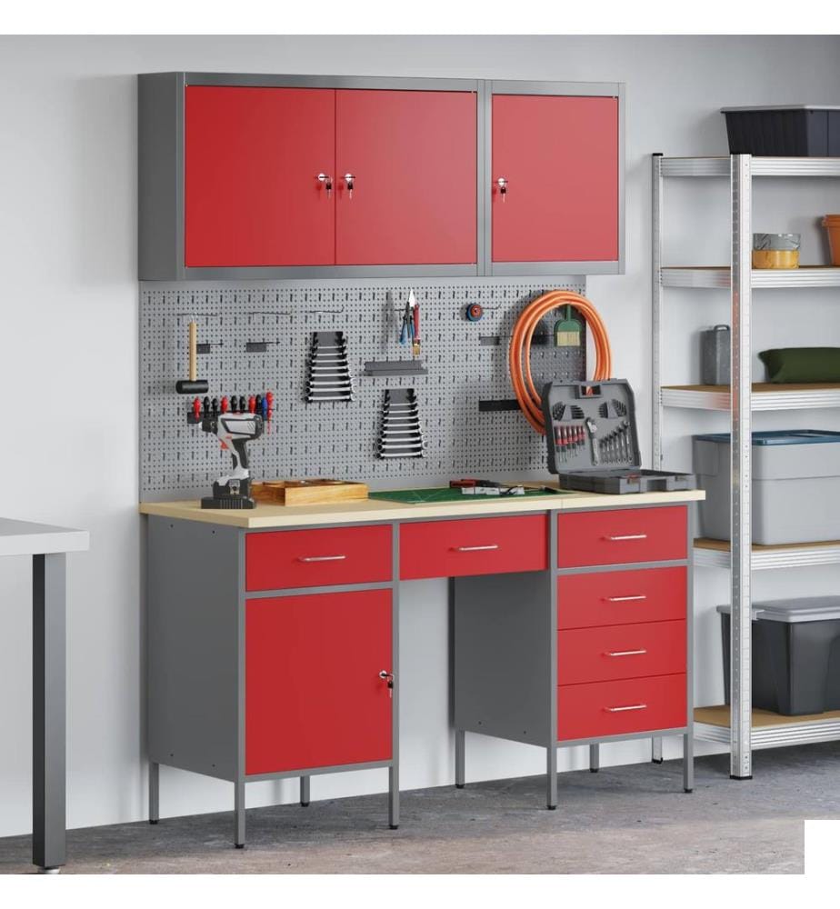 Placard de travail 8 pcs Rouge Bois d'ingénierie et acier