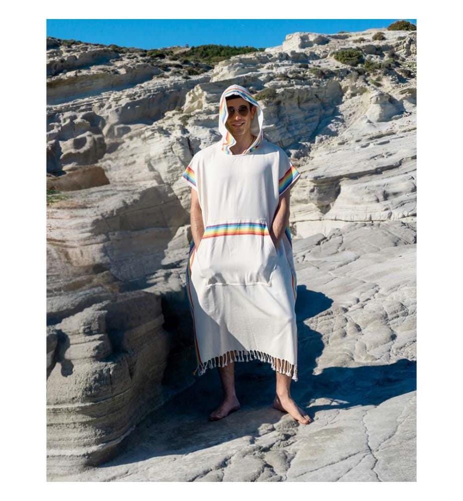 Poncho en bambou et coton pour hommes avec capuche pour la plage et la piscine 110x85 cm - Beige - Multicolore