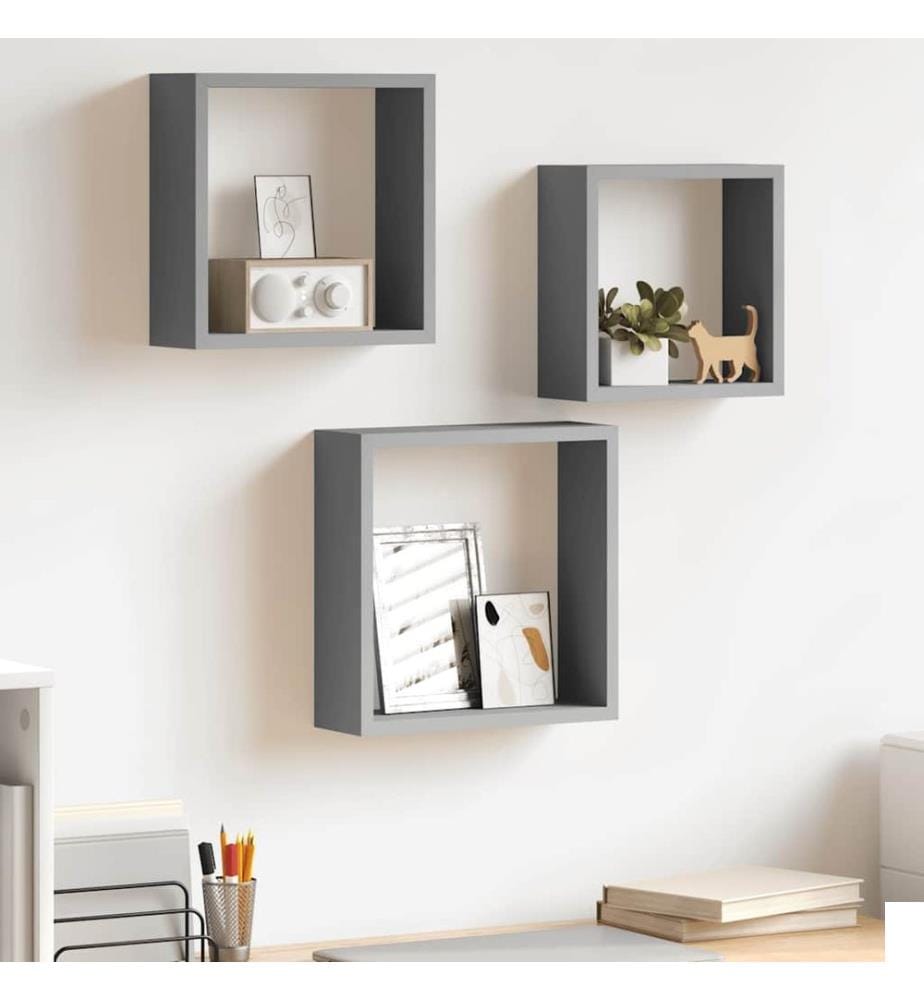 Étagères murales sous forme de cube 3 pcs Gris MDF