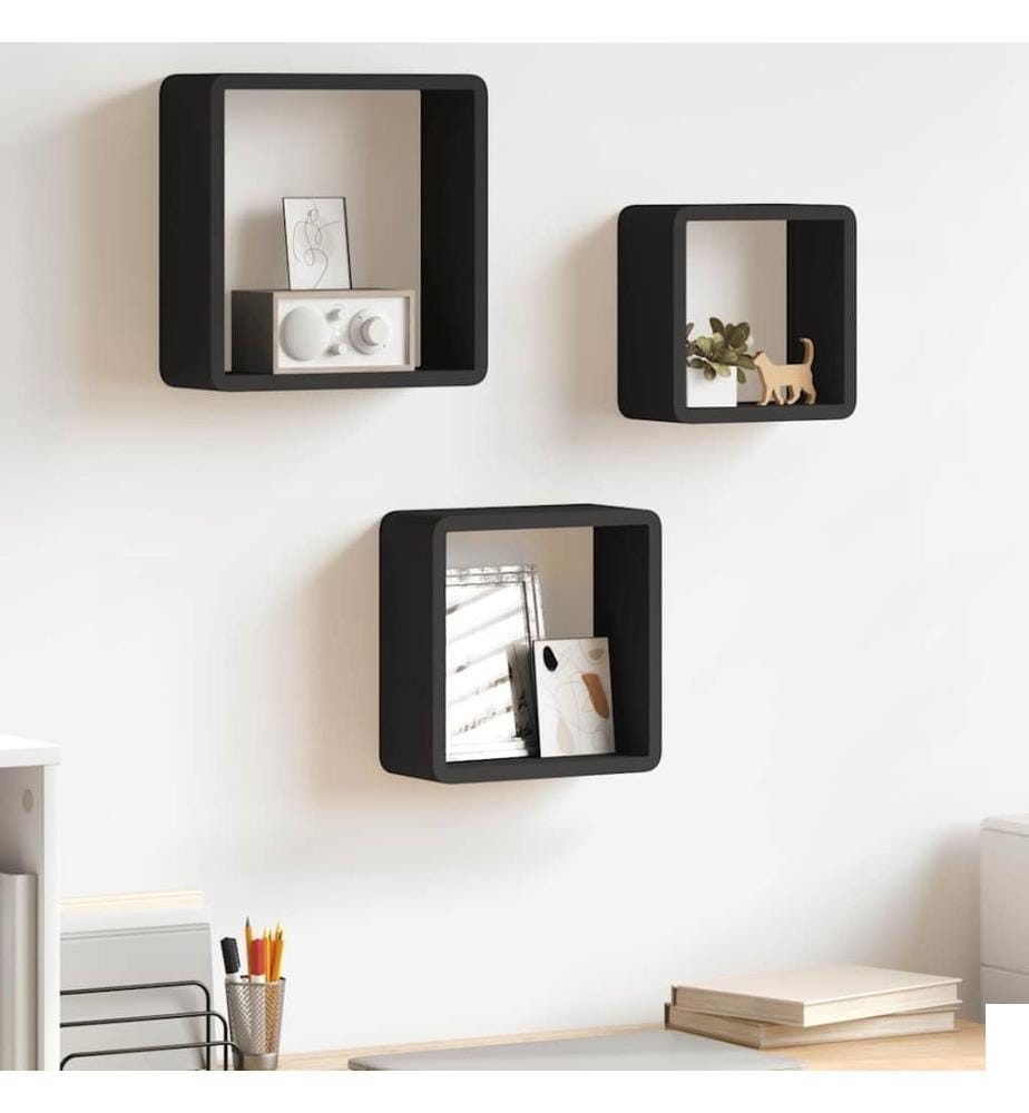 Étagères murales sous forme de cube 3 pcs Noir MDF