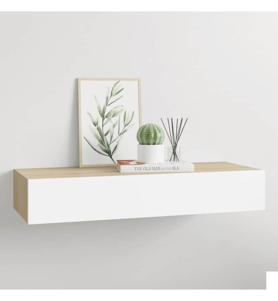 Étagère murale à tiroirs Chêne et blanc 60 x 23,5 x 10 cm MDF