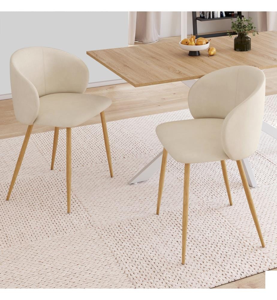Lot de 2 Chaises Léona velours crème et pieds métal bois