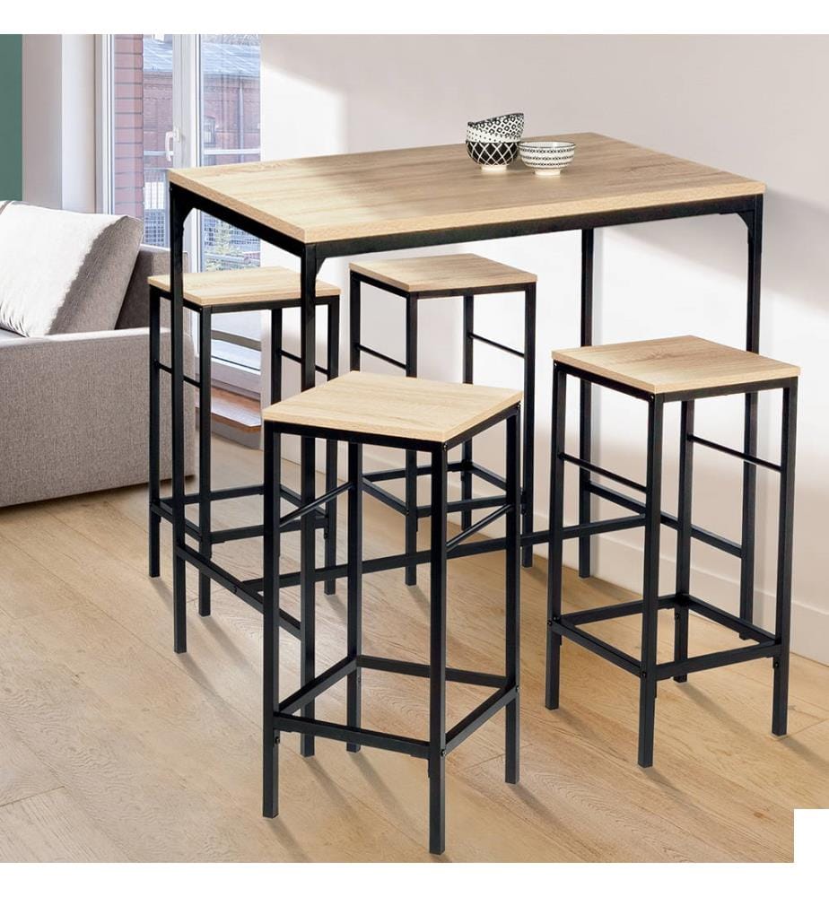 Table Haute de Repas Memphis et 4 Tabourets 100 x 60 x 95 cm - Noir & Brun