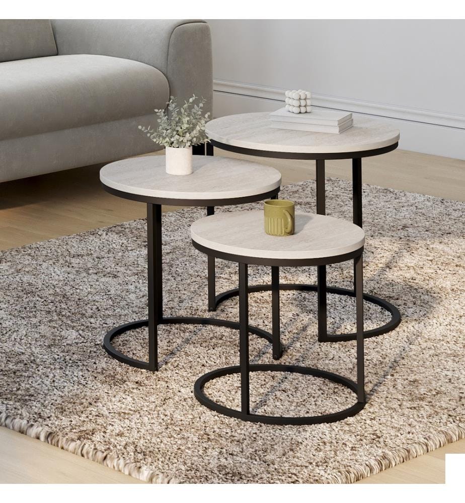 Lot de 3 Tables basses gigognes Memphis effet marbre blanc et pieds noirs