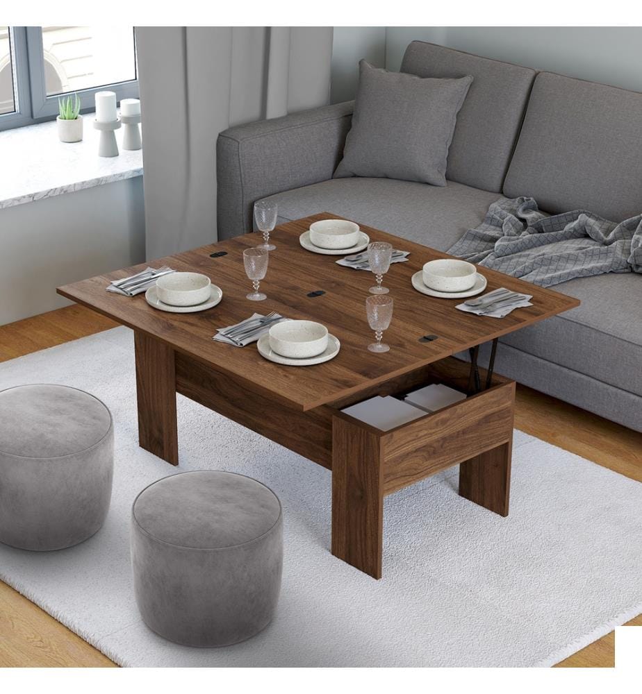 Table basse relevable et dépliante - Brun effet noyer