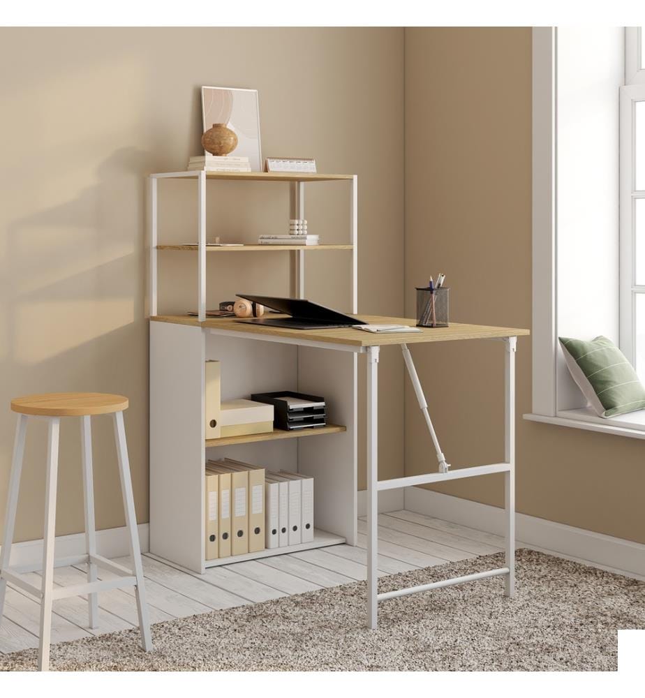 Bureau bibliothèque 2 en 1 pliable Raya - Brun et Blanc