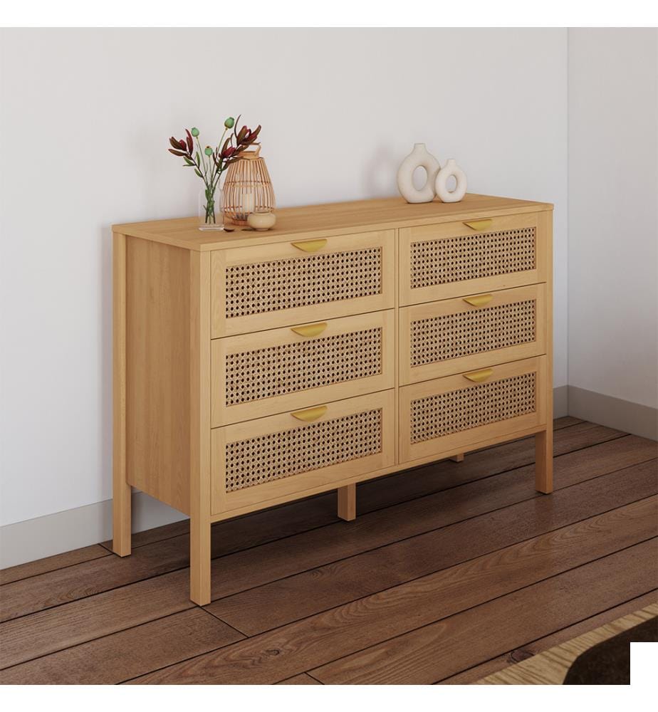 Commode Eve 6 tiroirs en cannage - Brun