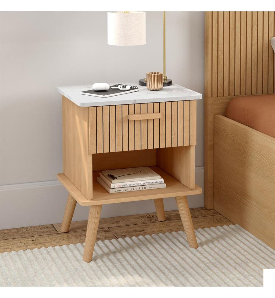 Lot de 2 Tables de chevet Marceau effet lattes 1 tiroir - Brun et effet marbre blanc