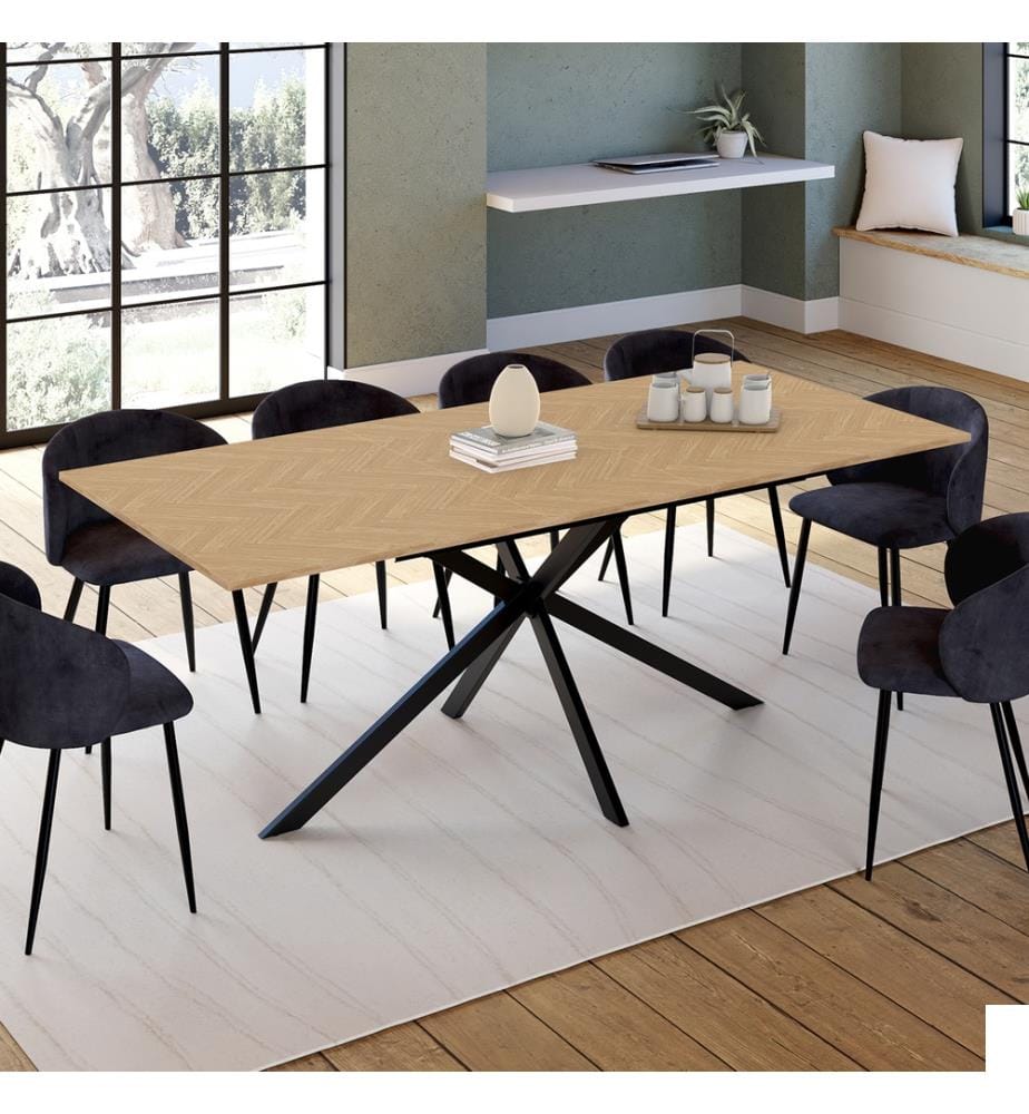 Table repas extensible Spider 160-200cm plateau effet chevron - Brun et Noir