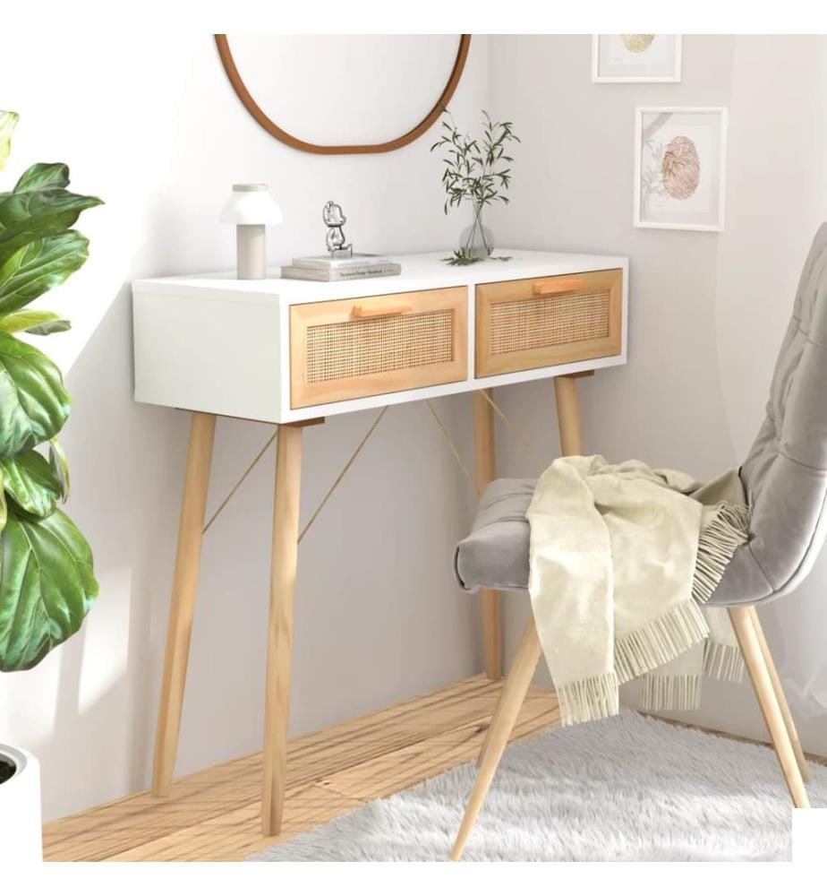 Table console Blanc 80x30x75 cm Bois massif pin /rotin naturel