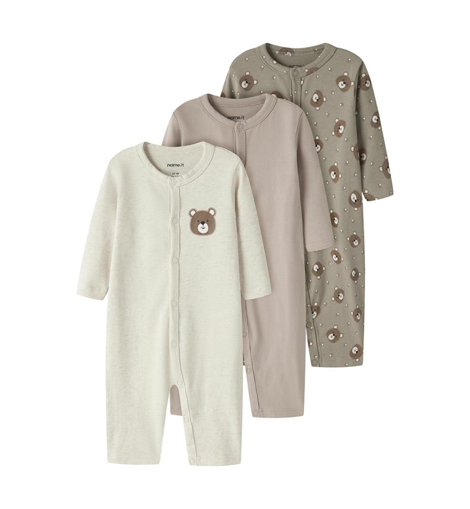 Lot de 3 Pyjamas - Kaki vintage avec imprimé ours, peyote chiné et beige champignon