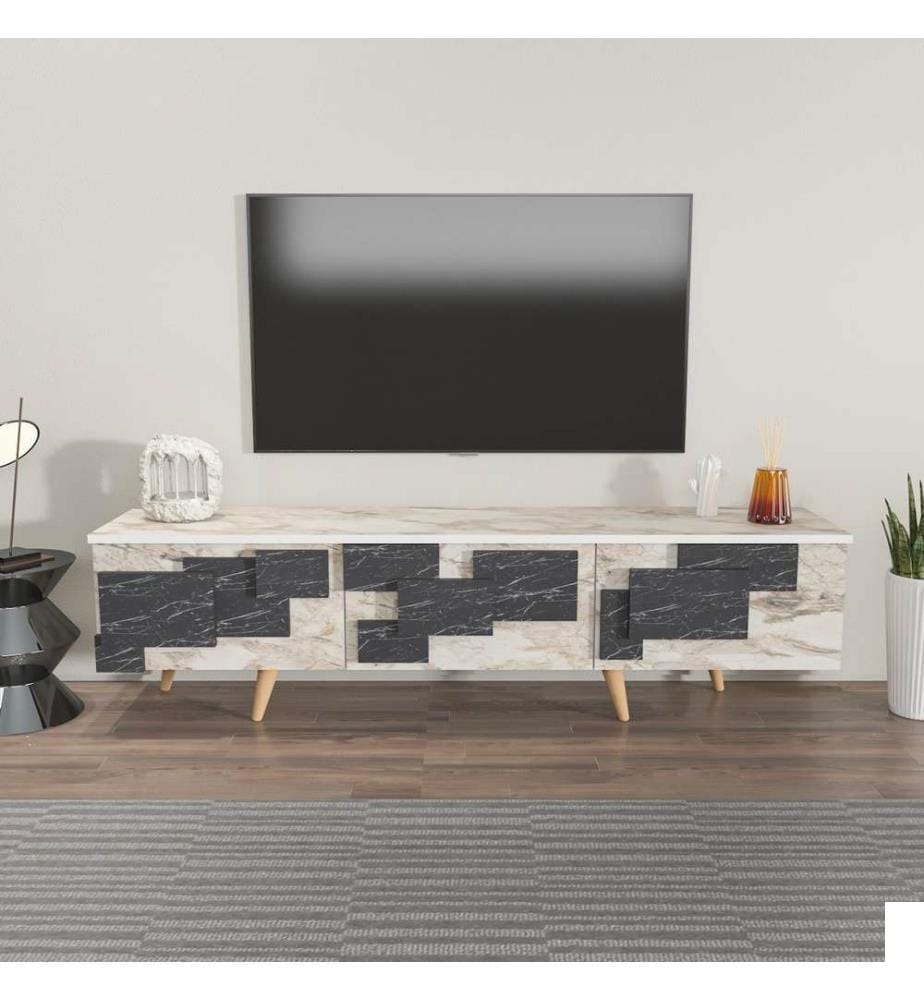 Meuble TV, blanc, marbre, panneau de particules mélaminé