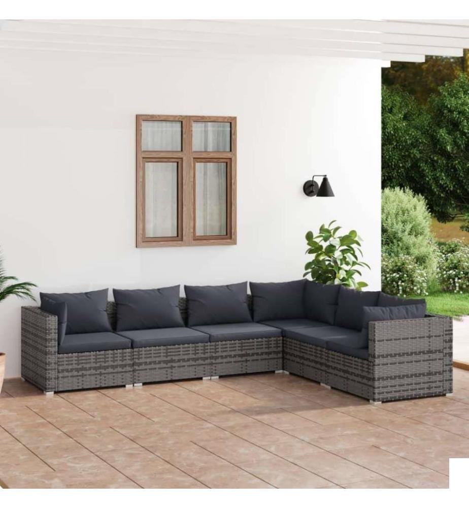 Salon de jardin 6 pcs avec coussins Résine tressée Gris