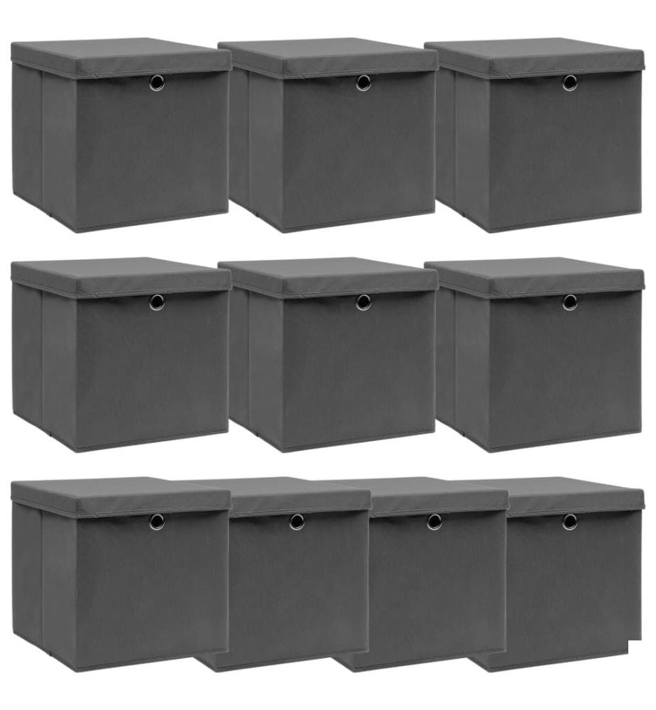 Boîtes de rangement avec couvercle 10 pcs Gris 32x32x32cm Tissu