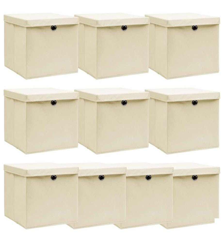 Boîtes de rangement à couvercles 10 pcs Crème 32x32x32 cm Tissu