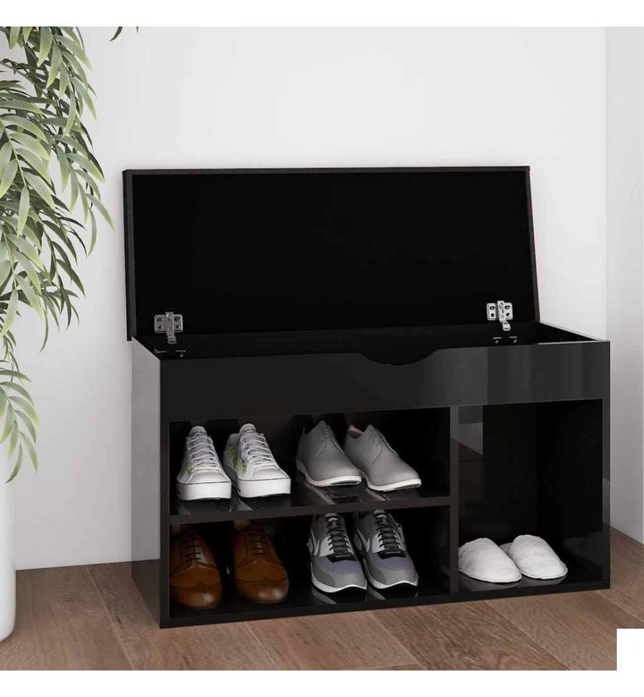 Banc à chaussures et coussin Noir brillant Bois d'ingénierie
