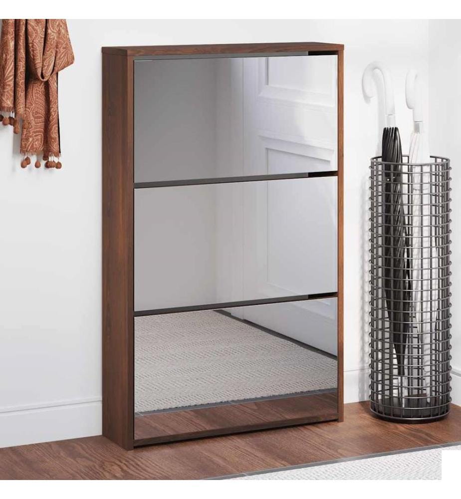 Armoire à chaussures miroir 3niveaux Chêne marron 63x17x102,5cm