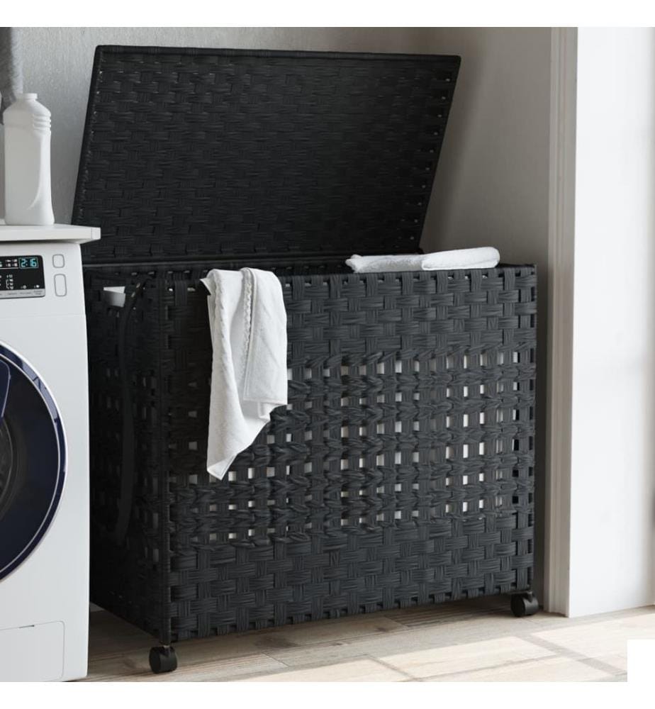 Panier à linge avec roulettes noir 66x35x60 cm résine tressée