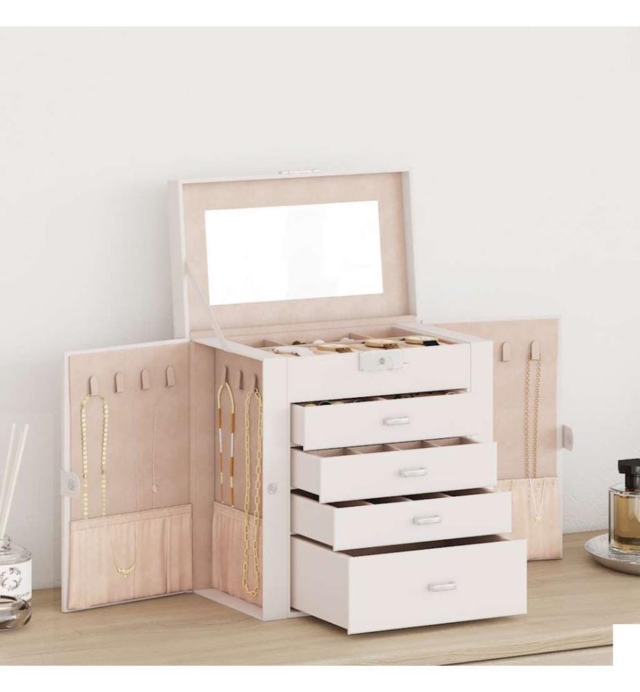 Boîte à bijoux 5 niveaux avec miroir verrouillable blanc