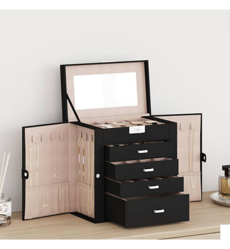Boîte à bijoux 5 niveaux avec miroir verrouillable noir
