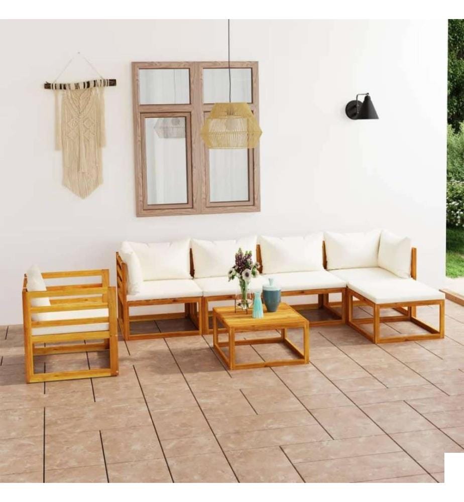 Salon de jardin 7 pcs avec coussin Crème Bois d'acacia solide