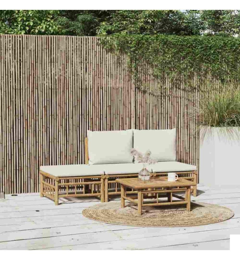 Salon de jardin 4 pcs avec coussins blanc crème bambou