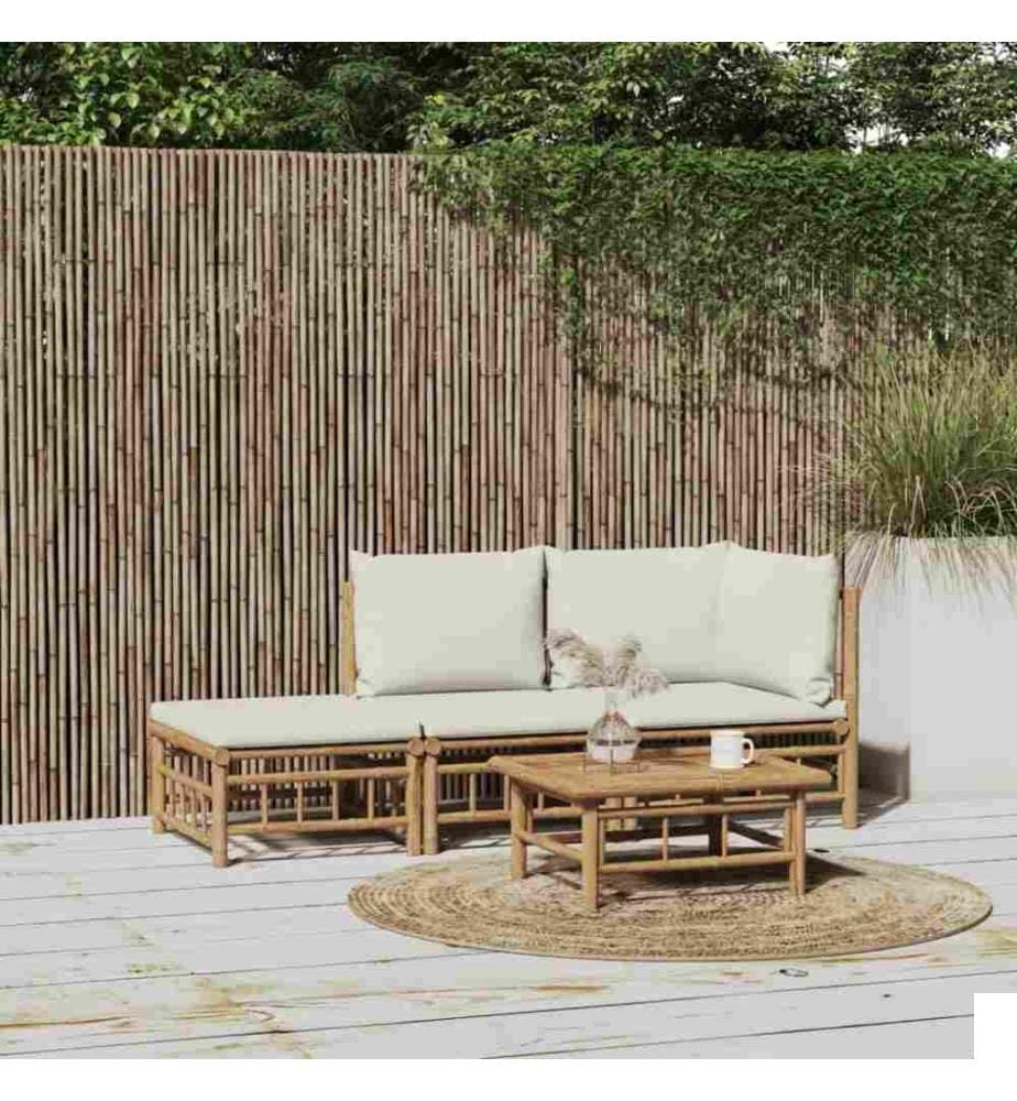 Salon de jardin 3 pcs avec coussins blanc crème bambou